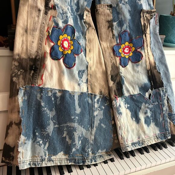Upcycled Frayed Patchwork Jeans – 34" Waist Handmade Streetwear Pants Wide Leg - Picture 9 of 16